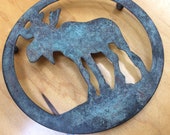 Vintage Cast Metal Round Moose Trivet Verdis Gris Trivet Cabin Kitchen Decor Rustic Trivet