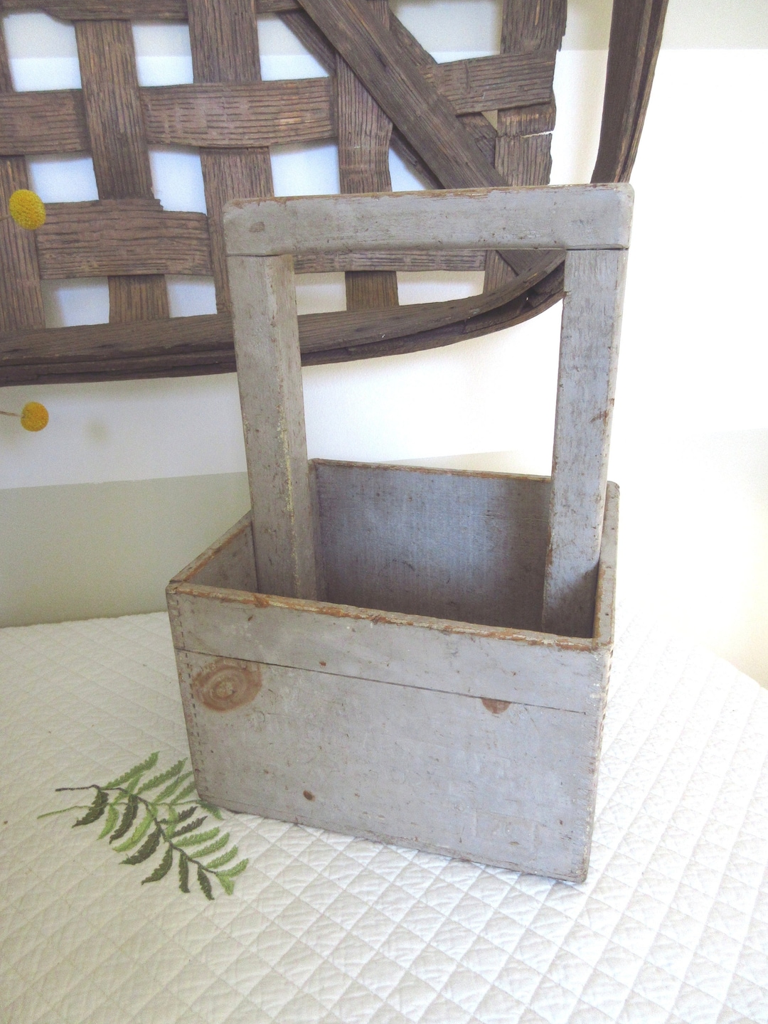 Vintage Square Wooden Bucket With Handle: Chippy Gray Painted Planter ...