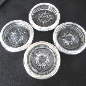 Vintage Set of 4 Leonard Silverplate Crystal Coasters Starburst Pattern Glass and Silver Coasters Fancy Coasters Traditional Coasters