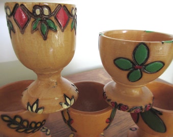 Vintage Carved Wooden Egg Cups Easter Egg Cups Romanian Pyrography Egg Cups Hand-Painted Egg Cups