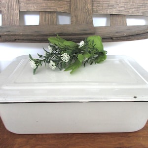 Vintage White Enamel Bread Box with Black Stripe