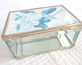 Vintage Glass and Brass Jewelry Boxes Trinket Boxes Cut Glass Etched Glass Blue and White Magnolia Mirrored Bottom Casket Box