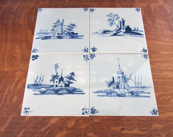 Vintage Reproduction Delft Tiles:  Set of Four Williamsburg Blue and White Tiles
