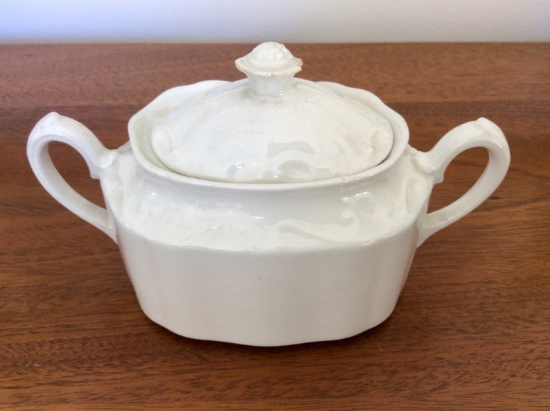 Vintage English Ironstone Sugar and Creamer Staffordshire White Mist Tea Set Vintage Ironstone Sugar Bowl with Lid Creamer
