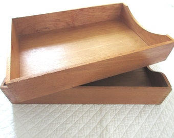 Vintage Set of Two Oak Blonde Solid Wood Paper Tray In Out Box Desk Tray Desk Organizer Legal Sized Paper Tray Desk Accessories Mid Century