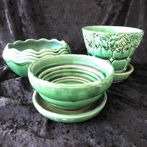 Vintage McCoy Round Green Planters with Saucers and Cache Pot