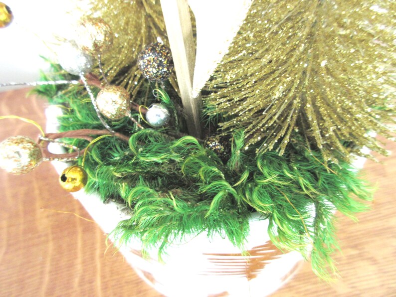 Handmade Bottlebrush Tree in Vintage Gold and White Cache Pot