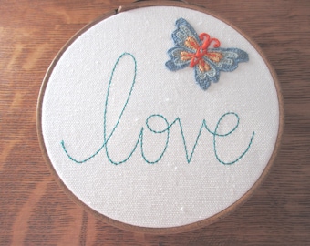 Vintage Love Stitchery with Butterfly in Embroidery Hoop Embroidered Wall Art Valentines Day Gift for Her Hoop Art