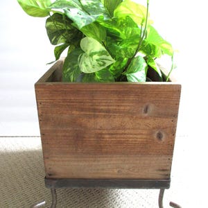 Vintage Square Wood Planter with Metal Stand