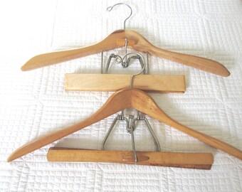 Vintage Set of Two Maple Wood Hangers w/ Clamping Pants Trouser Bar Combo Hangers Men's Suit Hangers