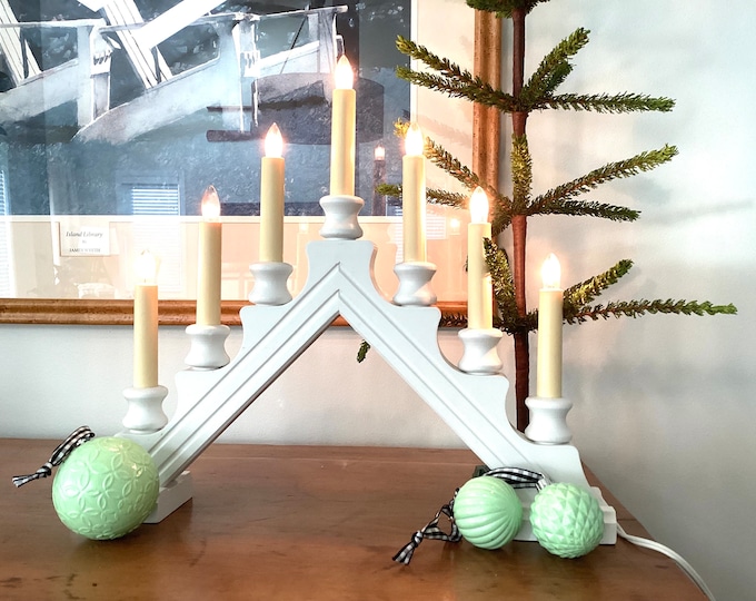 LAST ONE Vintage Scandinavian White Wooden Christmas Candelabra