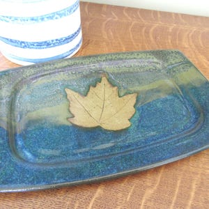 Vintage Handmade Pottery Tray: Blue & Green Leaf Serving Dish