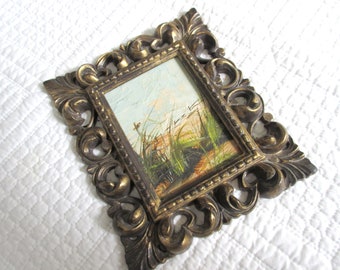 Vintage Art Acrylic Landscape on Board in Antiqued Gold Frame Mini Landscape Tiny Art Beach Landscape