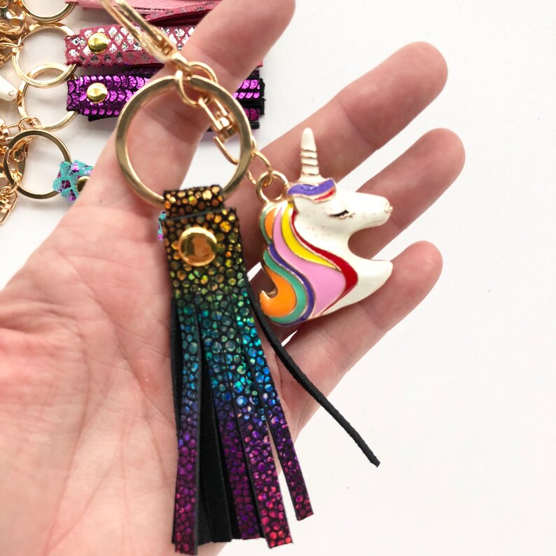 Unicorn Leather Keychain Unicorn Tassel Key Fob Rainbow Etsy