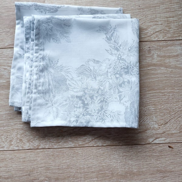 4 tableware napkins made in cotton  Toile de Jouy, table decoration cotton white & grey, French country style decoration, shabby chic antic