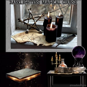 May include: A dark, magical scene with a pentagram drawn on parchment paper, three black candles, a feather, a wooden star, and a crystal ball. The scene is framed by a window with a wooden frame. The image is set against a dark background with a book with glowing pages and a table with candlesticks, a glass bottle, and a crystal ball.