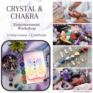 May include: A watercolour painting of a person sitting in a lotus position with a rainbow aura. The painting is surrounded by crystals and gemstones, including amethyst, rose quartz, and clear quartz. The image also includes a bowl of assorted crystals and a crystal necklace.