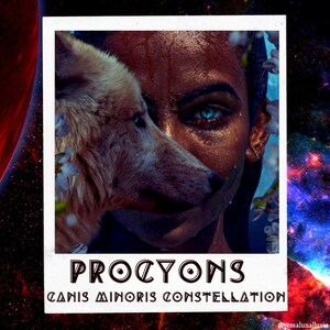 Puede incluir: Obra de arte digital que presenta el rostro de una mujer y un lobo, con el texto "PROCYONS CANIS MINORIS CONSTELLATION" en un marco blanco. El fondo muestra una escena cósmica con un planeta rojo y un cielo estrellado.