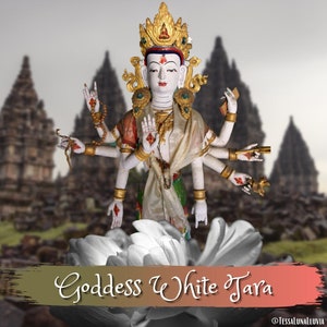 Pode incluir: Tara Branca, uma divindade budista, representada como uma mulher de pele branca com múltiplos braços, usando uma coroa dourada e joias ornamentadas. Ela segura vários objetos em suas mãos, incluindo um rosário e uma flor de lótus. O fundo apresenta uma imagem desfocada de um templo de pedra.