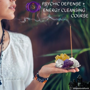 May include: A person is holding a small silver dish containing crystals and a burning incense stick. The dish is filled with amethyst, clear quartz, citrine, and selenite crystals. The image includes the text "PSYCHIC DEFENSE + ENERGY CLEANSING COURSE" and the number "3" in a purple circle. The text "@tessalunal lluvia" is at the bottom of the image.