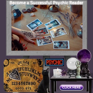 May include: A framed image of a hand holding tarot cards on a wooden table with lavender sprigs. Below the image is a wooden Ouija board with a planchette, a black cat, a crystal ball, a candle, and a neon sign that says "PSYCHIC".