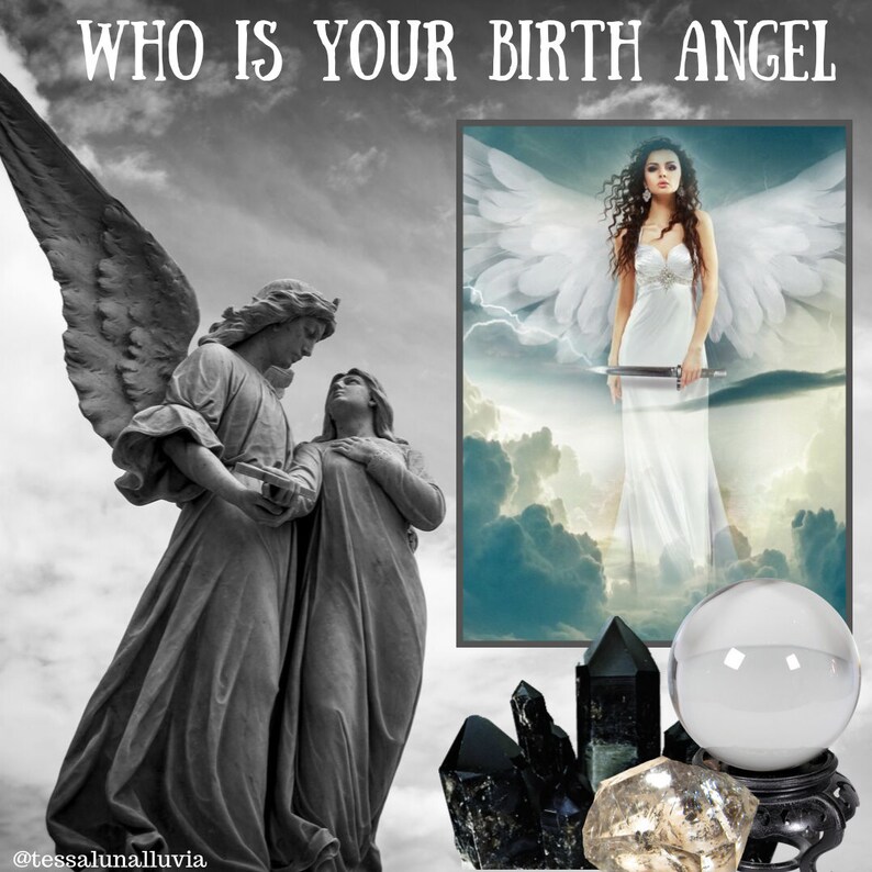 May include: A black and white image of two angel statues with wings. The statues are standing on a cloudy background. The image also includes a crystal ball, black crystals, and a white angel with wings and a sword. The text "WHO IS YOUR BIRTH ANGEL" is at the top of the image. The text "@tessalunalluvvia" is at the bottom of the image.