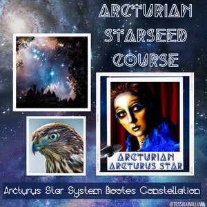 May include: Digital artwork with a celestial theme. It shows a starry backdrop and three framed images: a castle outline, a hawk's head, and a person with striking makeup. Text includes "Arcturian Starseed Course" and "Arcturus Star".
