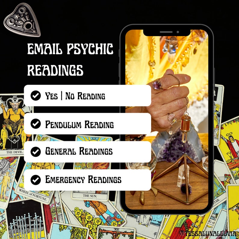 May include: A smartphone screen displaying a list of email psychic reading options, including "Yes | No Reading", "Pendulum Reading", "General Readings", and "Emergency Readings". The background is a collage of tarot cards.