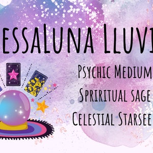 May include: A watercolor background with a purple, pink, and blue color scheme. The text "TESSALUNA LLUVIA" is in black font. Below the text are the words "PSYCHIC MEDIUM", "SPIRITUAL SAGE", and "CELESTIAL STARSEED". A crystal ball sits on a pink and blue rug with three tarot cards behind it.