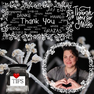 May include: A woman with a heart-shaped hand gesture in front of a black background with a white decorative frame. The frame is filled with words in different languages that say "Thank You". A glass jar with a red heart and the word "TIPS" is in the foreground.