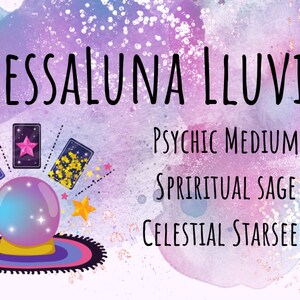 May include: A watercolor background with a purple, pink, and blue color scheme. The text "TESSALUNA LLUVIA" is in black font. Below the text are the words "PSYCHIC MEDIUM", "SPIRITUAL SAGE", and "CELESTIAL STARSEED". A crystal ball sits on a pink and blue rug with three tarot cards behind it.