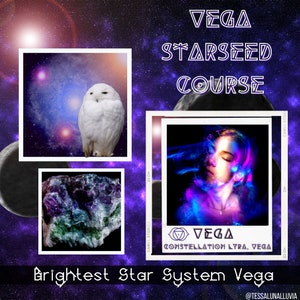 May include: A digital illustration of a star system with a white owl, a purple and green crystal, and a woman's face with a blue and purple nebula behind her. The text "VEGA STARSEED COURSE" is in the upper centre of the image. The text "VEGA CONSTELLATION LYRA, VEGA" is in the lower centre of the image. The text "Brightest Star System Vega" is in the lower centre of the image. The text "@TESSALUNALLUVIA" is in the lower right corner of the image.