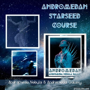May include: A collage of images related to the Andromeda Galaxy and Nebula. The top image shows a star chart of the Andromeda constellation. The middle image shows a blue nebula with a dolphin swimming through it. The bottom image shows a person with a blue and silver outfit with spikes, against a blue and white background. The text "Andromeda Nebula & Andromeda Galaxy" is at the bottom of the image.