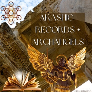 May include: A golden angel statue with wings outstretched, holding a sword and shield, stands in front of an ancient stone archway. The text "AKASHIC RECORDS + ARCHANGELS" is displayed on a brown background. An open book with glowing pages is in the foreground.