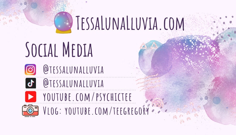 May include: A social media graphic with a purple, pink, and blue watercolor background. The text "TESSALUNALLUVIA.COM" is at the top of the graphic. The text "SOCIAL MEDIA" is below the website address. The graphic includes social media icons and usernames for Instagram, TikTok, YouTube, and a vlog.