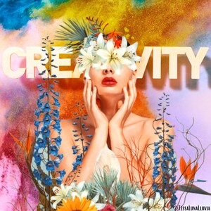 May include: A woman with flowers covering her eyes, surrounded by colourful floral arrangements. The word "CREATIVITY" is written in large, bold letters across the top of the image.