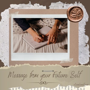 May include: A person writing in a notebook with a pen. The notebook is open and the person is sitting in bed. The image has a vintage aesthetic with a brown background and a wax seal with a rose design.