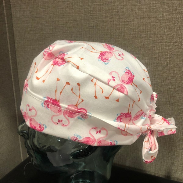 Woman’s pink flamingo pixi/chemo style surgical scrub hat