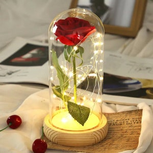 Red Rose In Glass Dome with LED Light, Beauty and The Beast Rose in Glass, Red Artificial Flower Rose, Gift