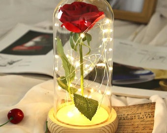 Red Rose In Glass Dome with LED Light, Beauty and The Beast Rose in Glass, Red Artificial Flower Rose, Gift