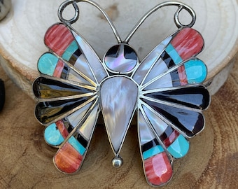 Sara Edaakie Signed Zuni Sterling Turquoise Onyx Coral MOP Butterfly Pendant/Brooch