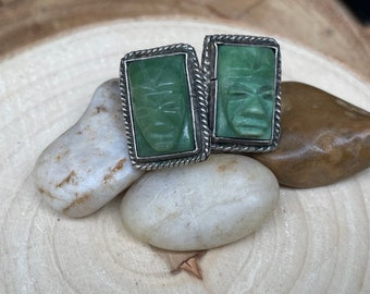 Vintage Carved Face Jade Sterling Silver Twist Back Earrings