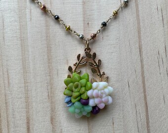 Succulents on Mixed Metal Beaded Rosary Chain