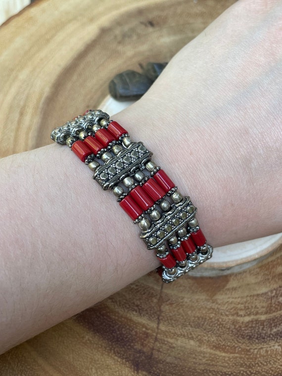 Natural Red Coral Multi-Strand Tribal Bracelet (8 