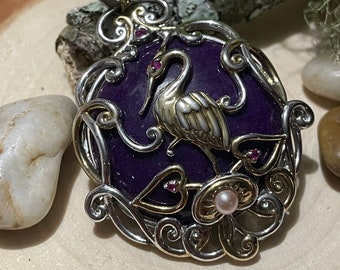 Ruby Eyed Crane 925 overlaid Amethyst Pendant