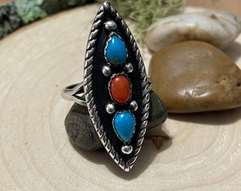 Western Marquise Turquoise & Red Coral Ring (s. 7.5)