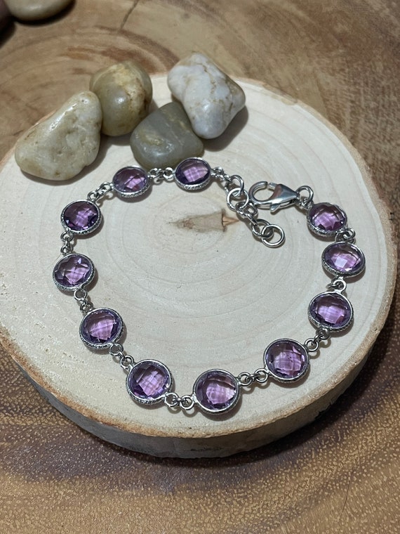Adjustable Faceted Amethyst Round Cut Sterling Silver Bracelet