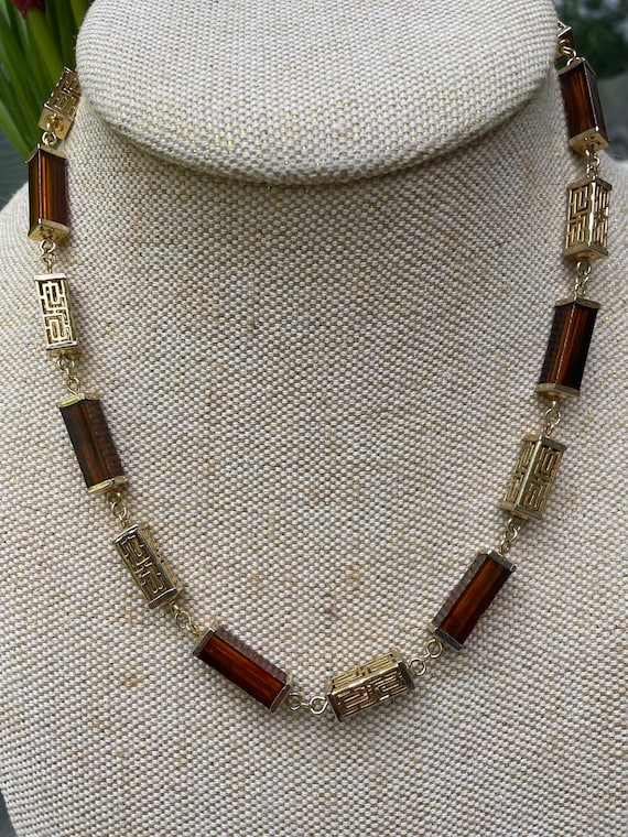 Vintage Gold Plated Box and Brown Resin Link Neckl