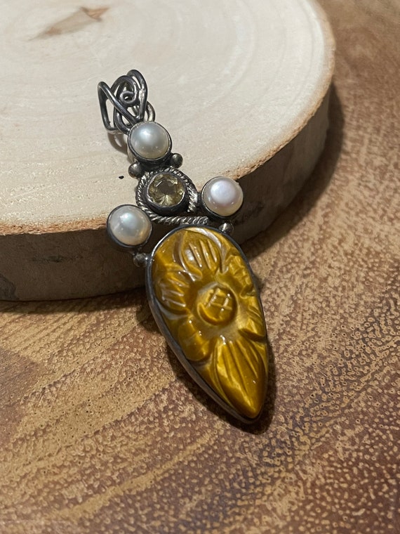 Carved Tigers Eye with Pearls Sterling Silver Pend