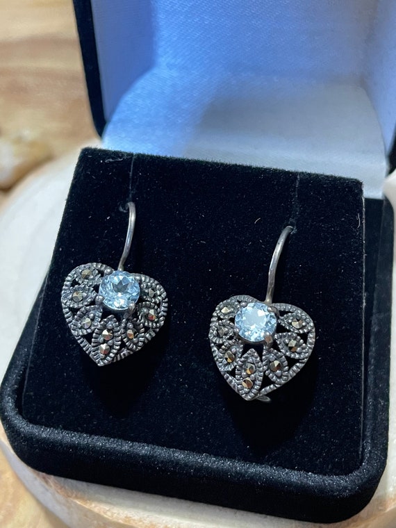 Aquamarine and Marcasite Heart Shaped Earrings (92